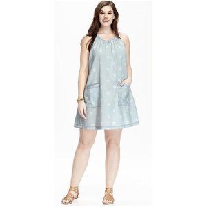 Old Navy Shift Dress Size Large Blue Chambray White Stars 4th of July Patriotic